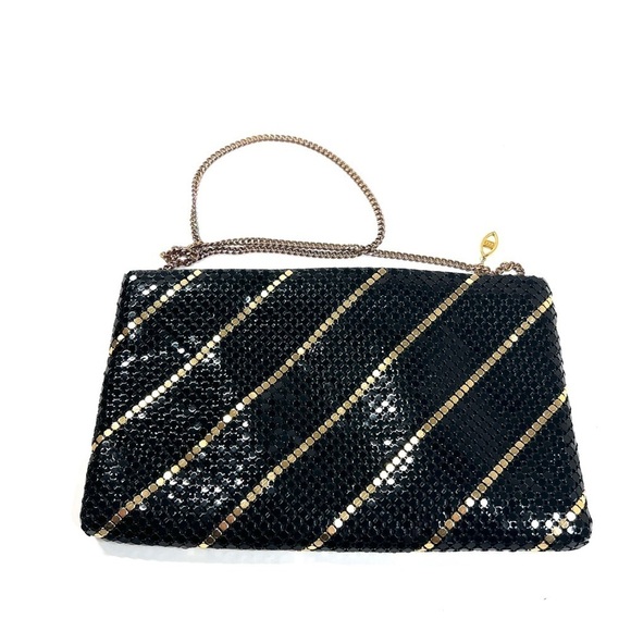 Vintage Black and Gold Stripe Mesh Clutch Mid Century Purse - Picture 1 of 7
